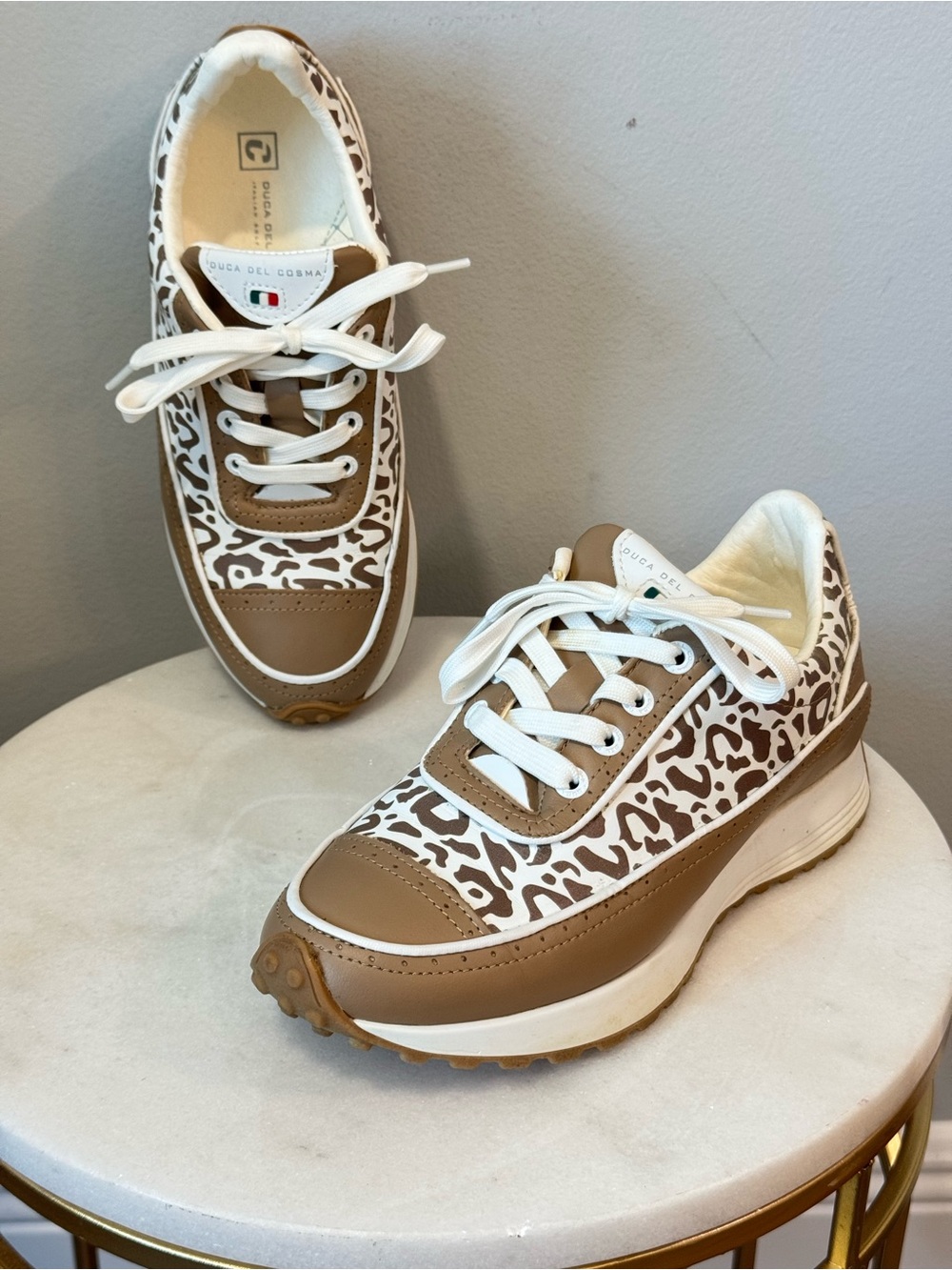 Duca Del Cosmo Tan and White Leopard-Pattern Platform Golf Shoes Sz 7